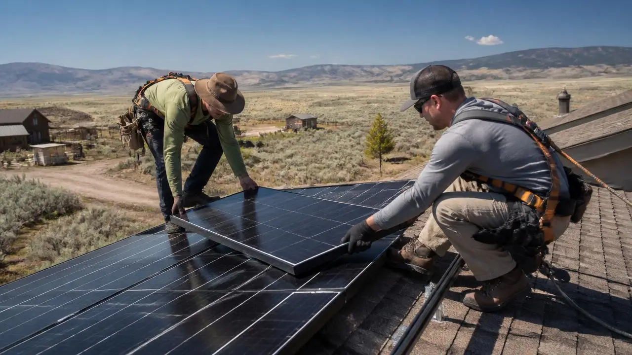 Solar installers mounting panels on a rural roof near Apple Valley, Utah — business insurance, BOP, general liability and workers' comp for Apple Valley, Utah 84737 employers