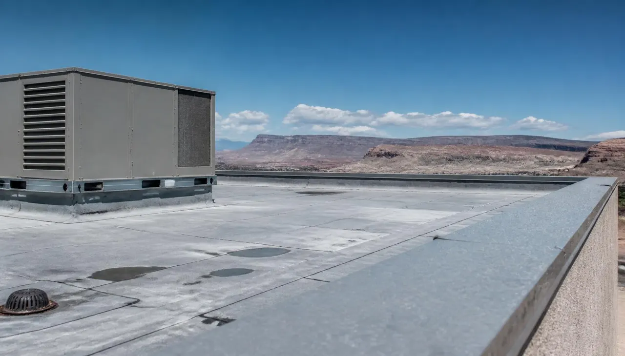 Rooftop HVAC unit on a hail-dimpled flat commercial roof of a St. George, Utah business building with red rock mesas behind — commercial property, wind/hail deductible, and equipment breakdown coverage for 84770 buildings