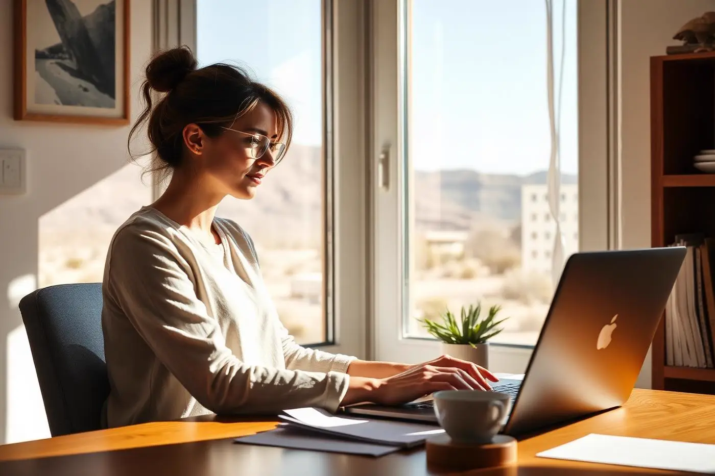 Self-employed woman working at a laptop in a sunlit Southern Utah home office