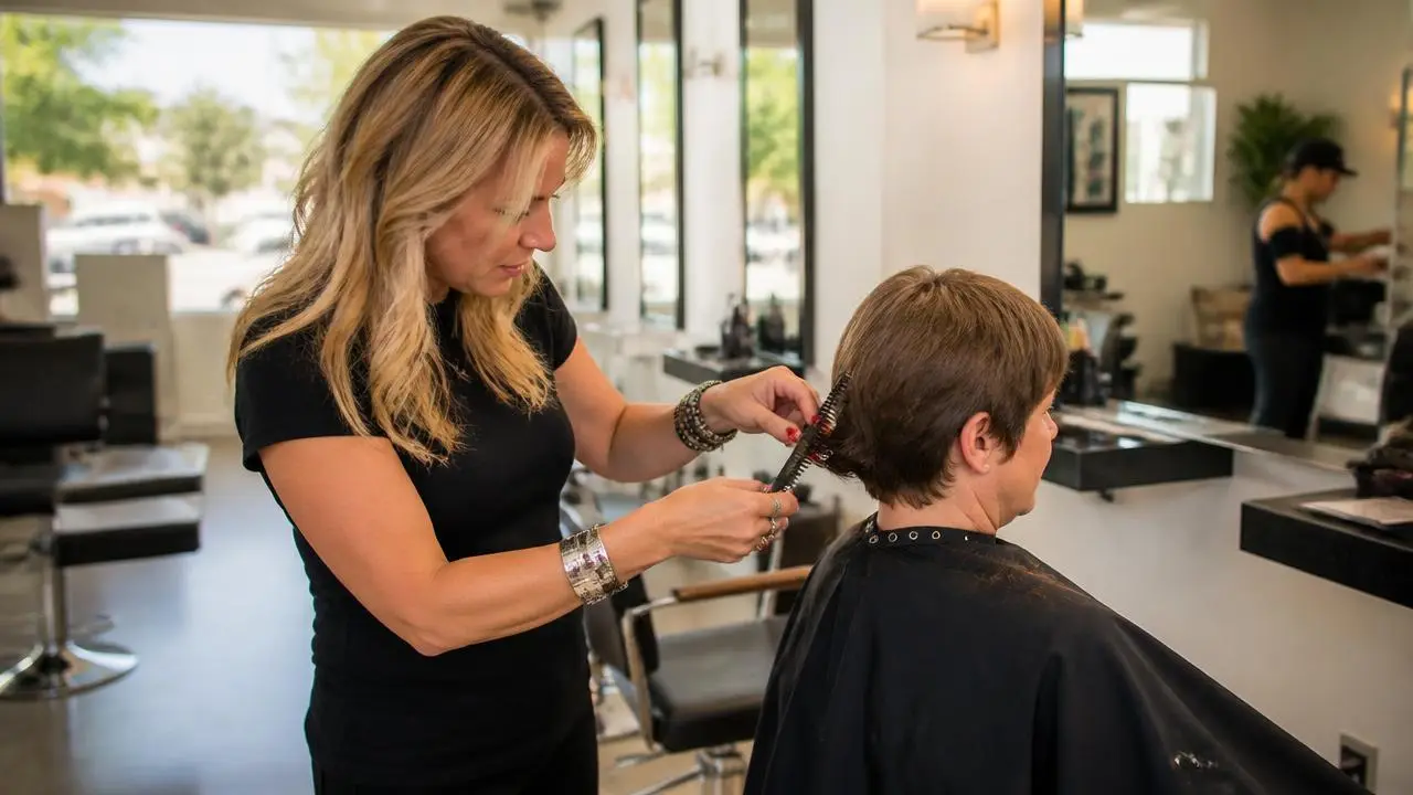 Hair salon stylist with a client at the chair in Mesquite, Nevada — business insurance, BOP, general liability and workers' comp for Mesquite, Nevada 89027 employers