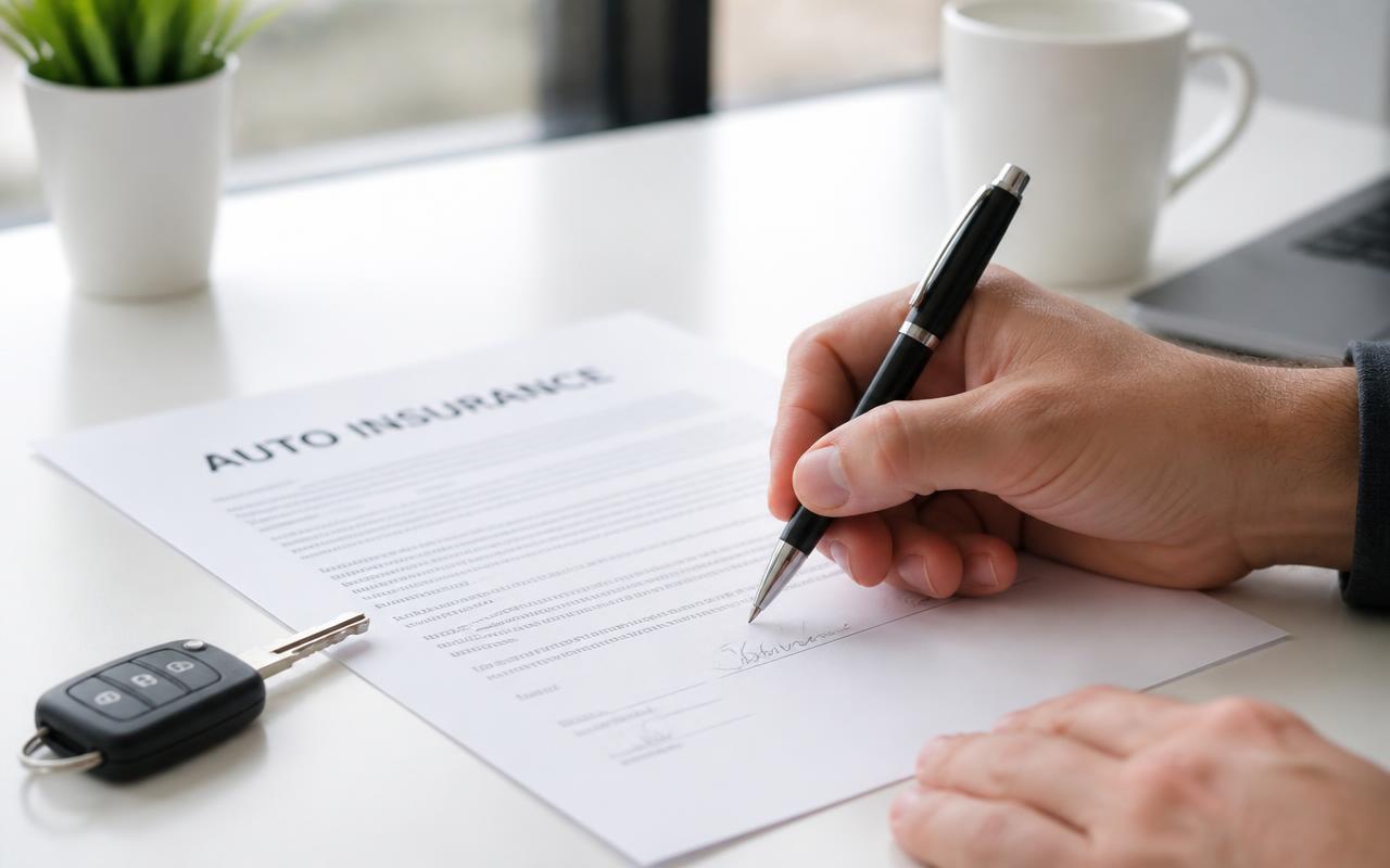 Driver signing an SR-22 auto insurance policy at a desk with car keys nearby