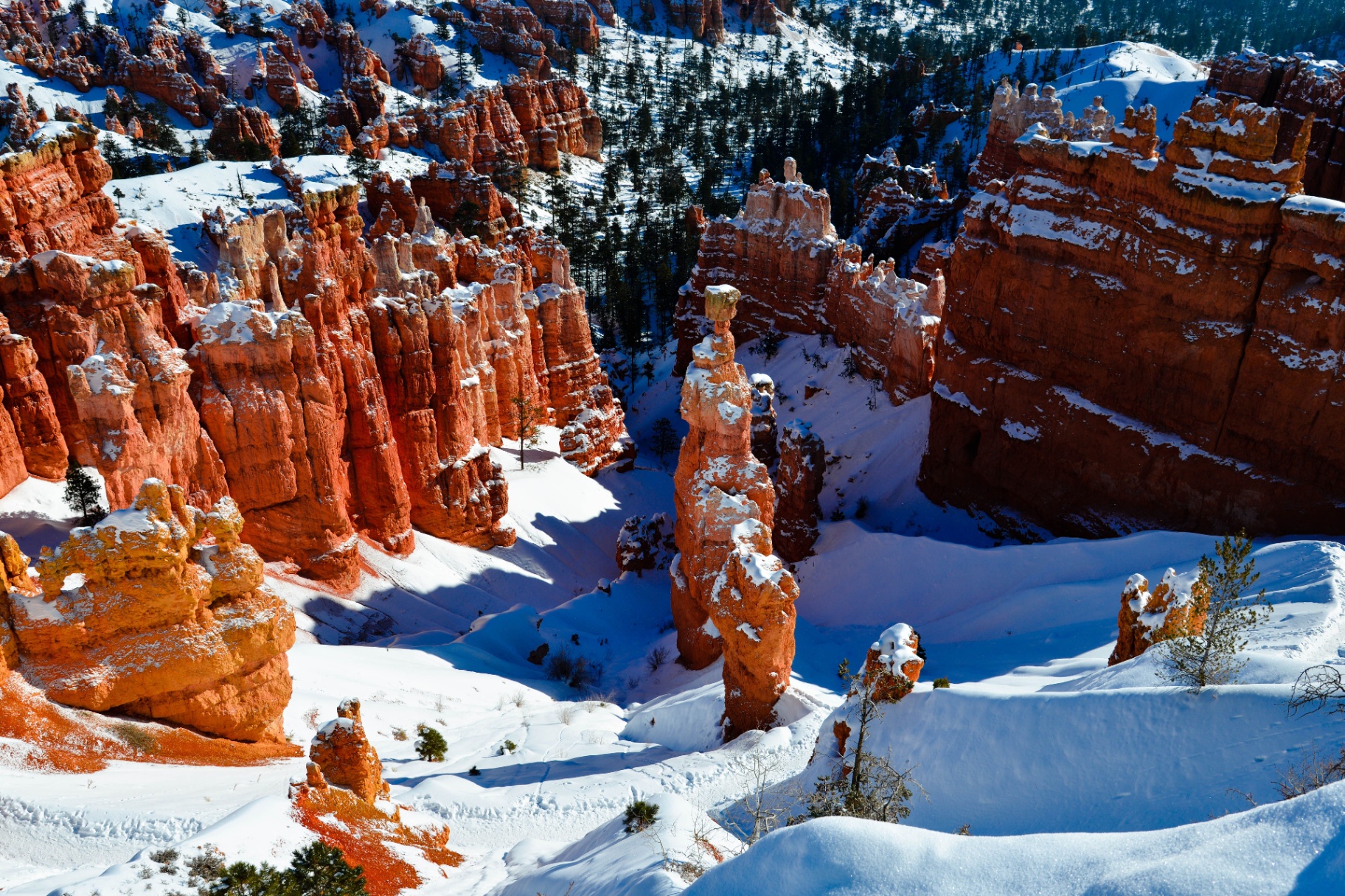 Snow-covered red-rock hoodoos above Cedar City, Utah — winter snow-load, ice-dam, and freeze-burst pipe exposure carriers price into every Iron County 84720 / 84721 homeowners quote