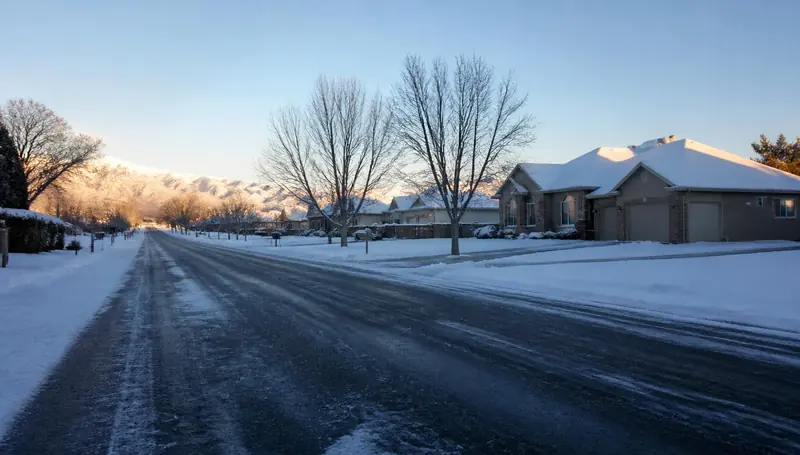 Snow-covered residential street and ranch homes in Enoch, Utah — health insurance and ACA Marketplace enrollment for Enoch, Utah 84721 households