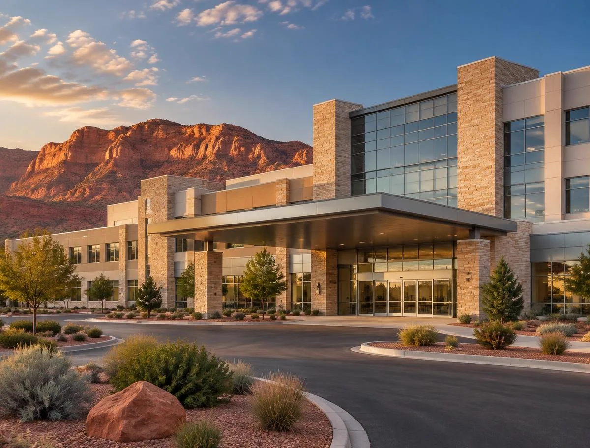 Modern hospital building with a covered entrance and red rock mesas rising behind it in St. George, Utah