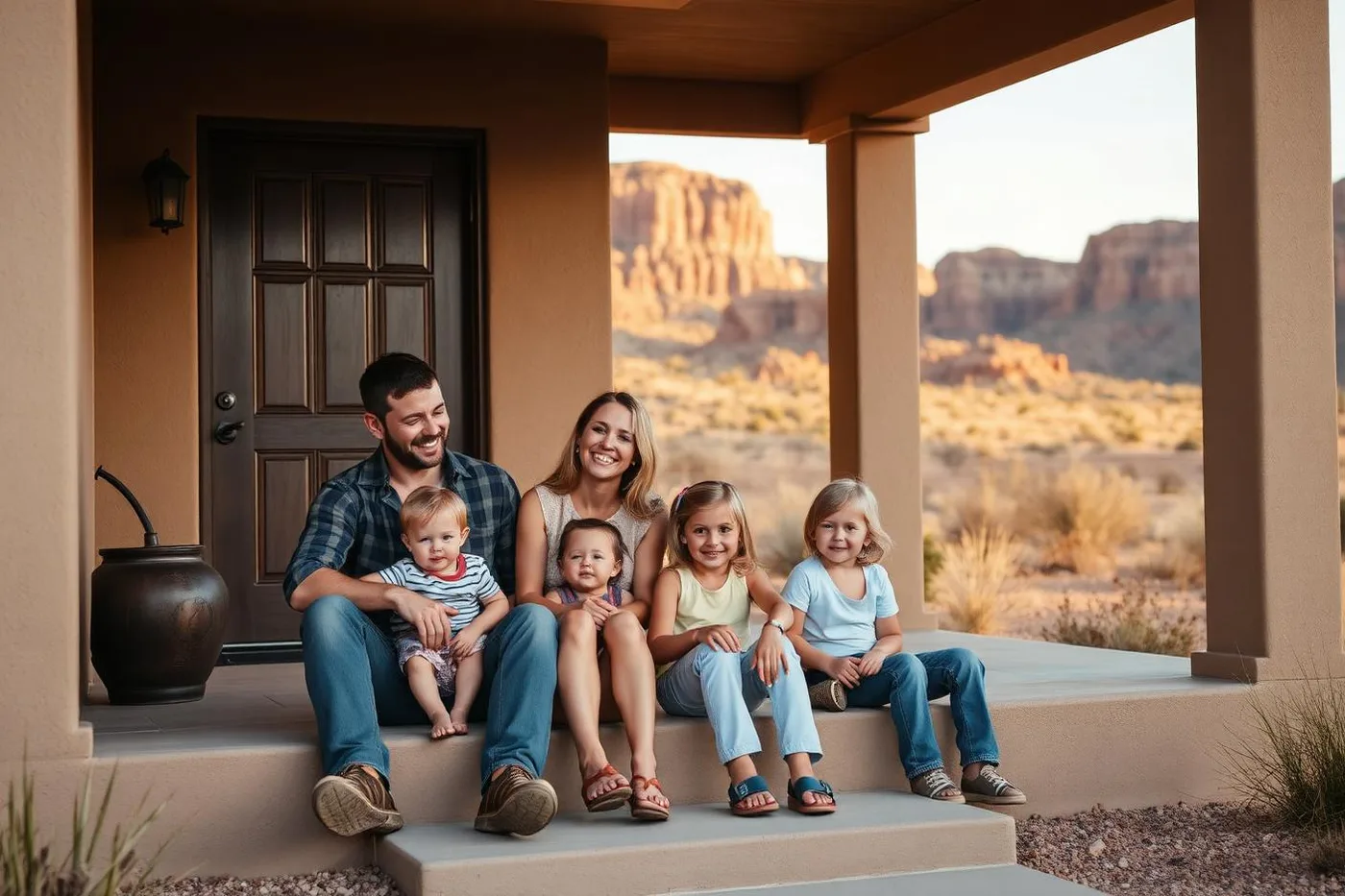 Young family sitting on the front porch steps of a Southern Utah home