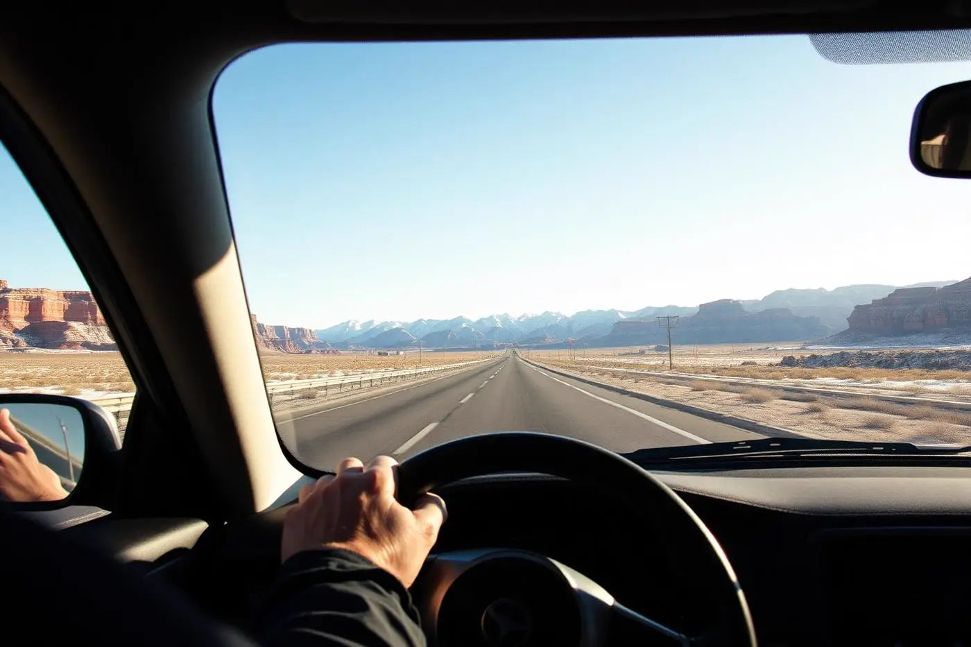 Driver's view of a sunny desert highway between Utah and Nevada in winter