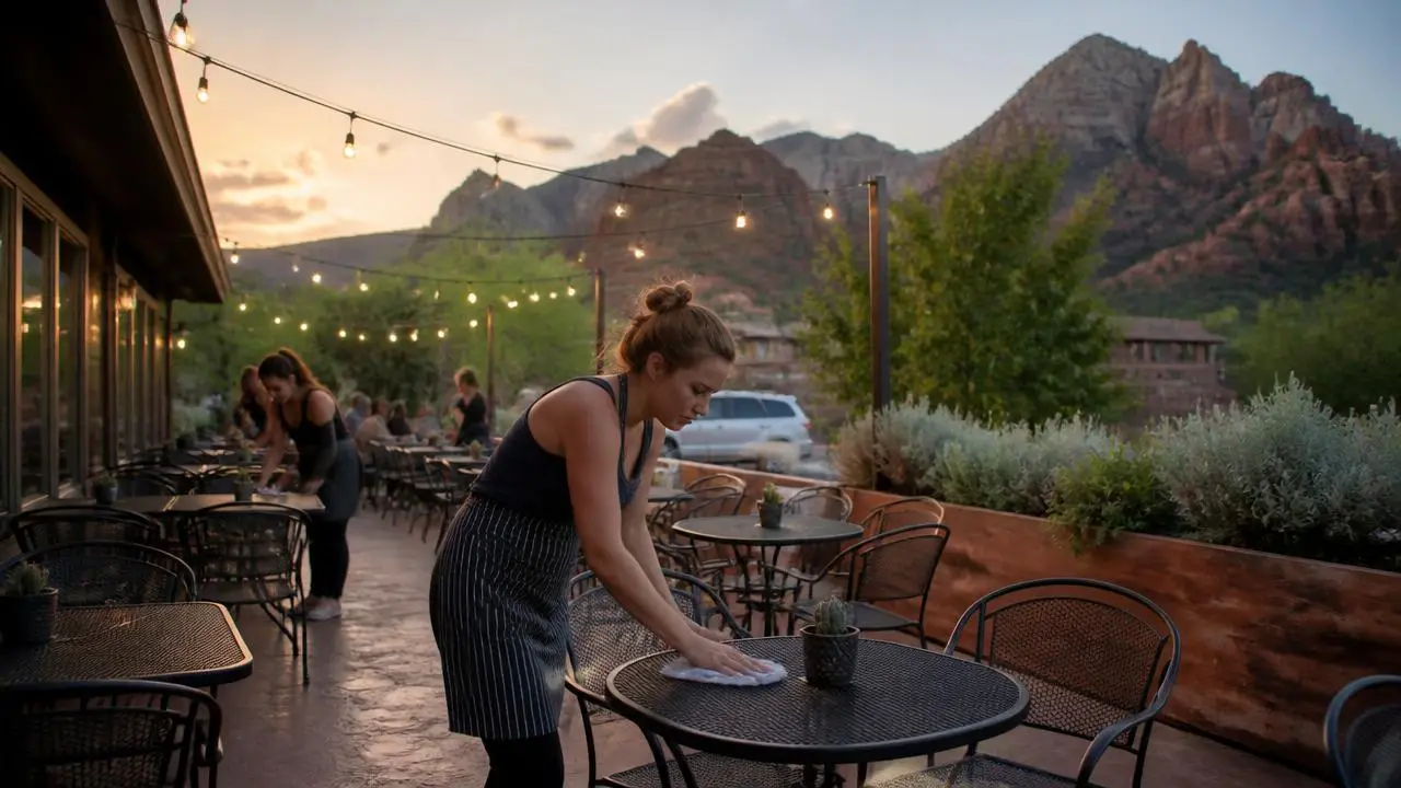 Cafe patio with tables and staff serving guests in Kanab, Utah — business insurance, BOP, general liability and workers' comp for Kanab, Utah 84741 employers