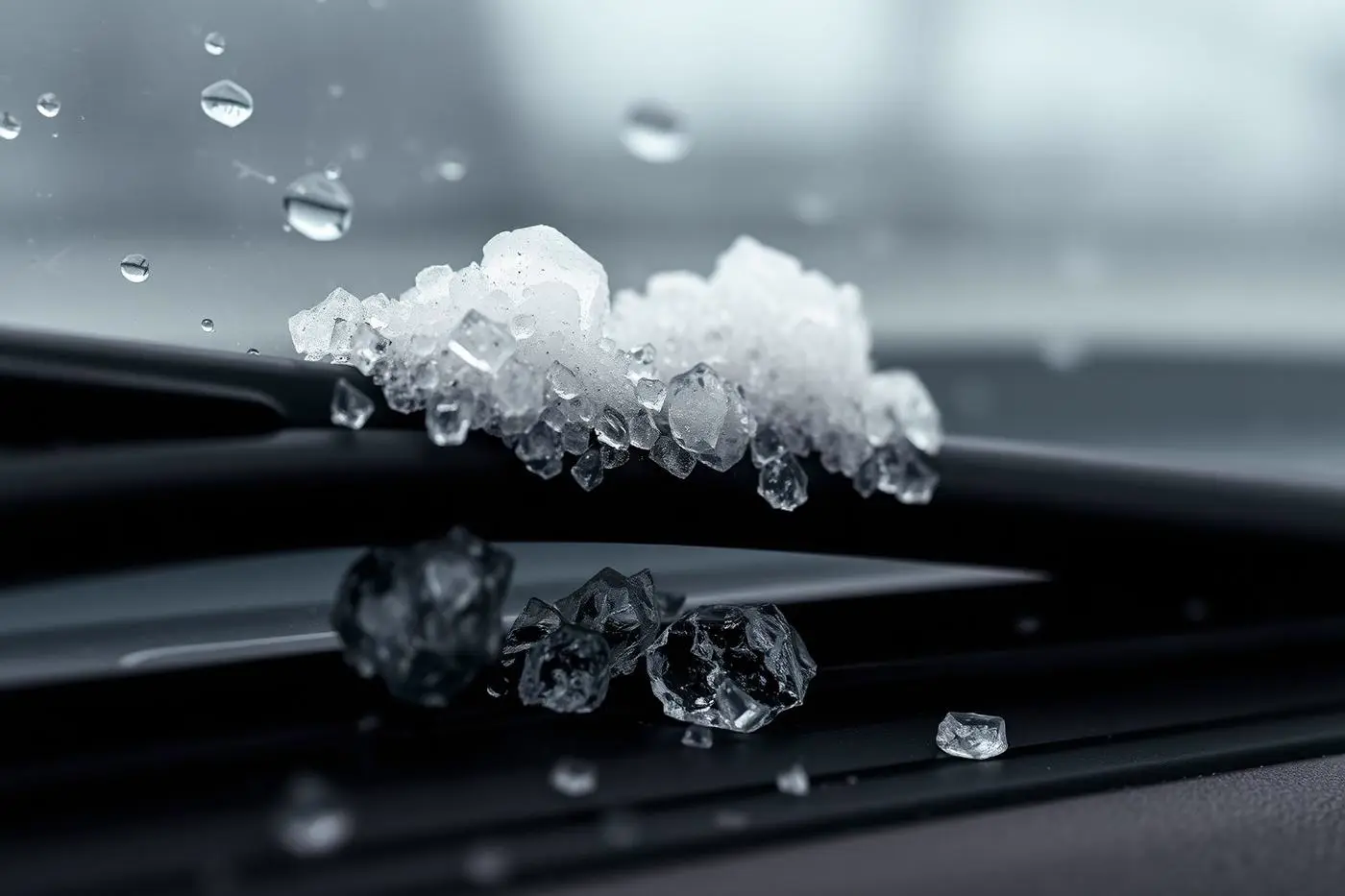 Hailstones resting on a car windshield and wiper