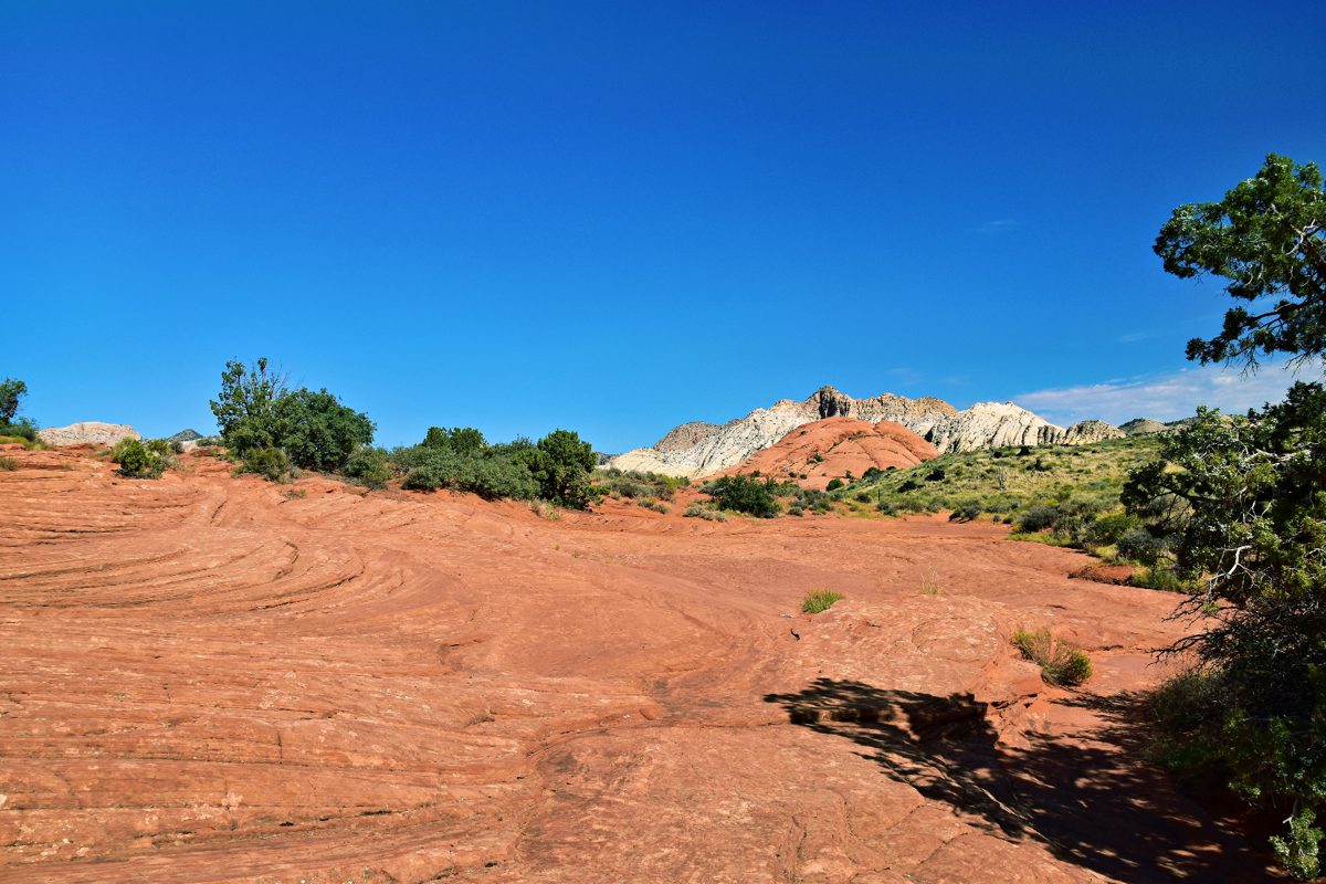 Snow Canyon slickrock and white Navajo sandstone above red-rock benches on the western edge of Santa Clara, Utah — the wildland-urban interface carriers rate into every 84765 homeowners insurance quote
