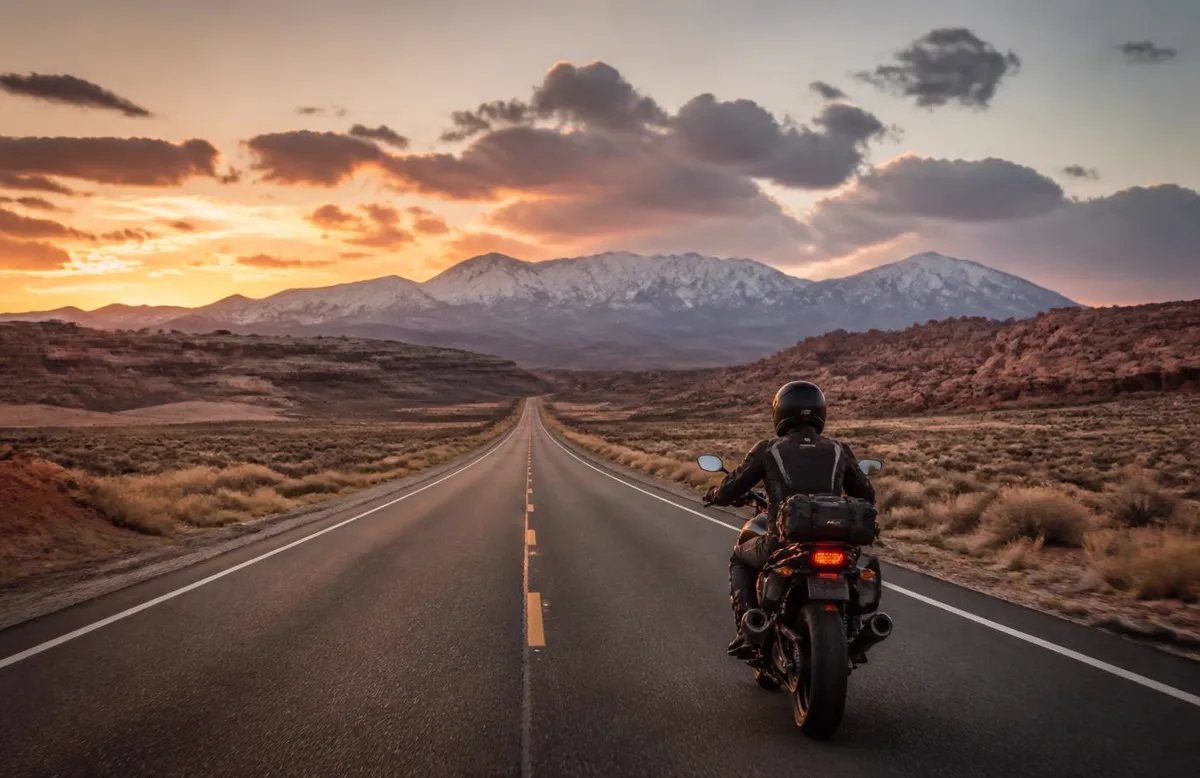 Rider heading down an empty desert highway toward snow-dusted peaks at sunset near Parowan