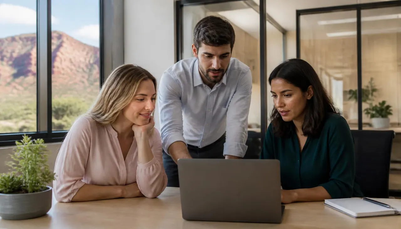 Three coworkers reviewing a laptop in a modern St. George, Utah office suite with red rock hills through the window — professional liability, cyber, and EPLI coverage for Tech Ridge employers