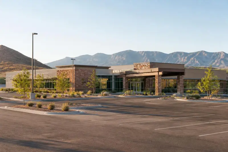 Modern regional hospital campus in southern Utah at sunrise — Cedar City Hospital network status decides most Iron County Marketplace plan choices