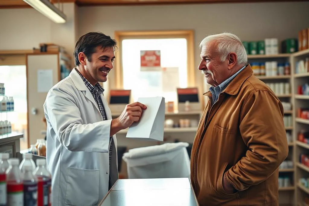 Pharmacist handing a prescription to an older customer at the counter