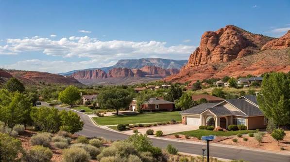 Santa Clara, Utah homes nestled against the red rock cliffs near Snow Canyon