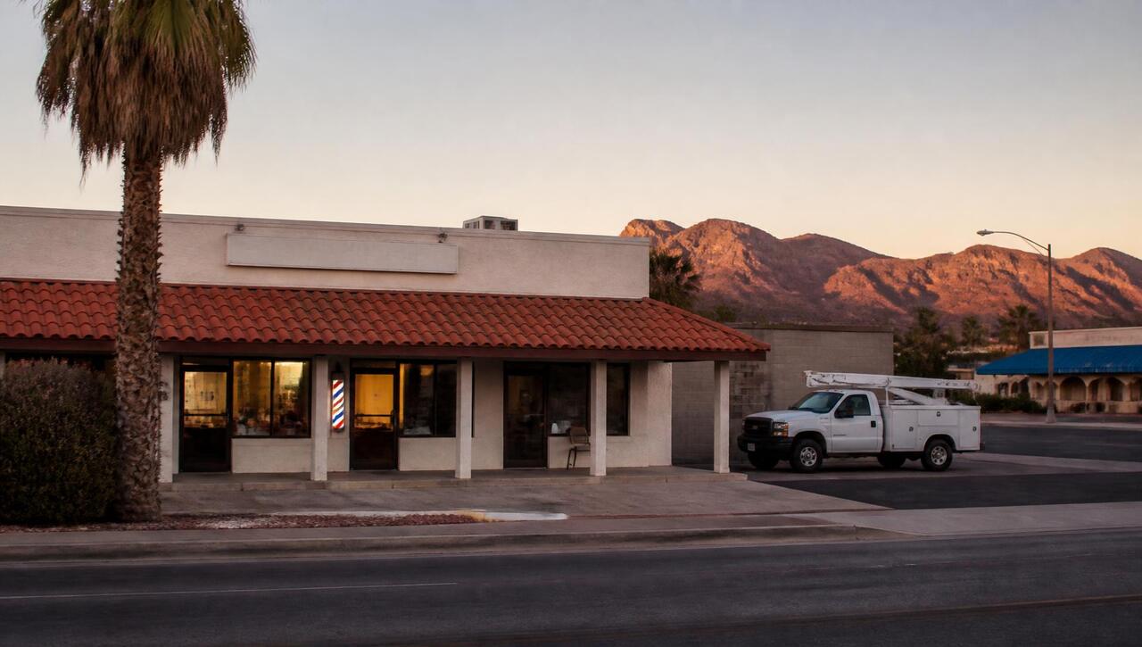 Palm-lined commercial strip with low desert storefronts in Mesquite, Nevada (ZIP 89027, 89024) — business insurance, BOP, general liability, commercial property and workers' comp for Mesquite, Nevada employers