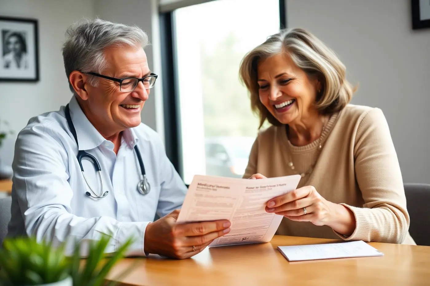 Licensed agent reviewing Medicare enrollment paperwork with a senior client