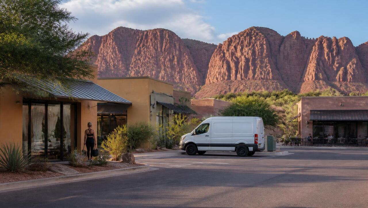 Low desert business plaza at the base of Red Mountain in Ivins, Utah (ZIP 84738) — business insurance, BOP, general liability, commercial property and workers' comp for Ivins, Utah employers