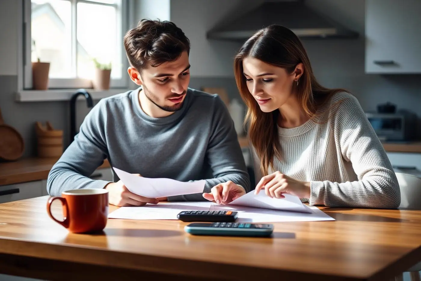 Couple comparing life insurance illustrations at their kitchen table
