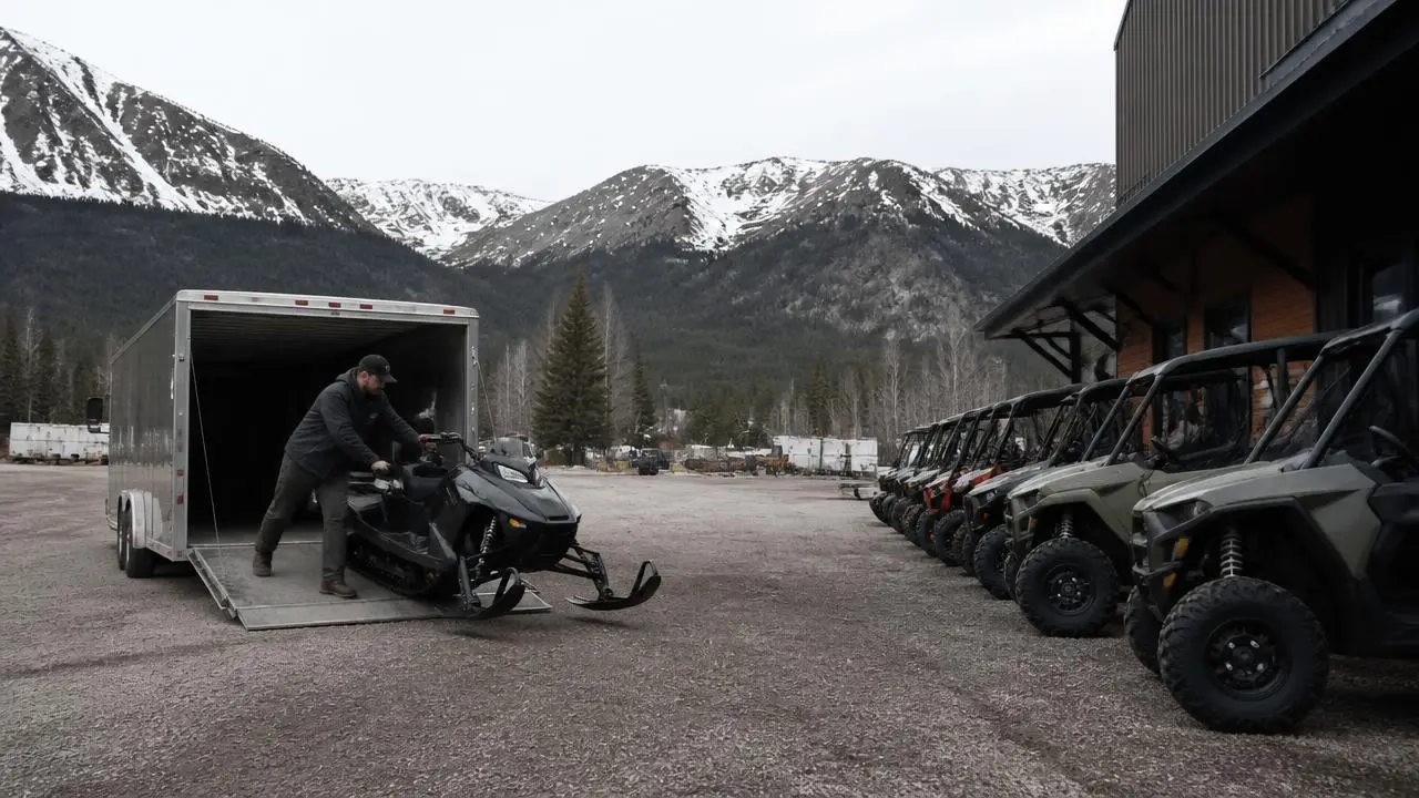 Worker unloading a snowmobile at a Parowan, Utah powersports lot — business insurance, BOP, general liability and workers' comp for Parowan, Utah 84761 employers
