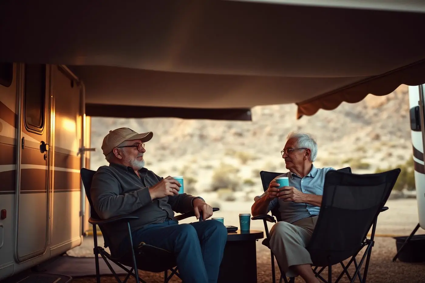 Retired couple relaxing under an RV awning at a desert campground