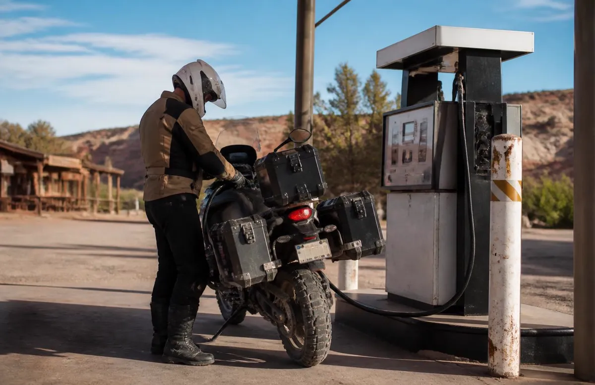 Rider refueling a loaded adventure motorcycle at a rural desert gas station near Ivins