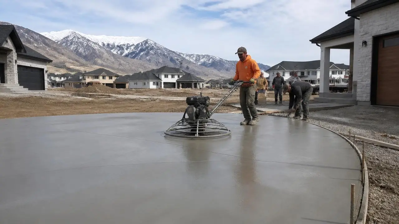 Concrete crew power-troweling a new driveway in Enoch, Utah — business insurance, BOP, general liability and workers' comp for Enoch, Utah 84721 employers