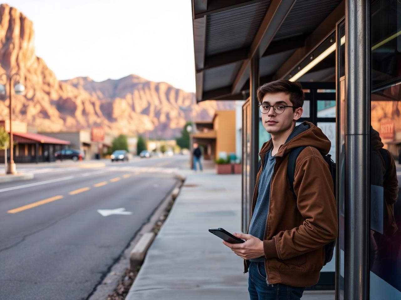 Young Utah driver at a bus stop after a license suspension, waiting to reinstate with a non-owner SR-22 policy