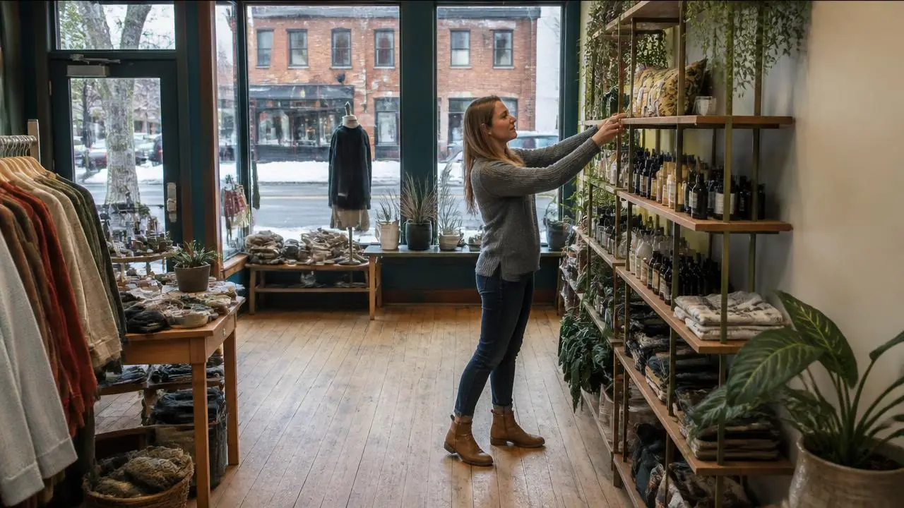 Boutique retail interior with racks and a shopkeeper in Cedar City, Utah — business insurance, BOP, general liability and workers' comp for Cedar City, Utah 84720 employers
