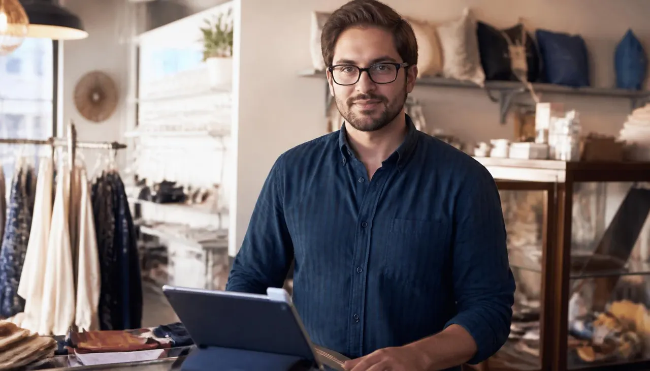 Small business owner standing behind the counter of a St. George, Utah boutique retail shop with a tablet point-of-sale terminal — business owners policy, general liability, and commercial property coverage for 84770 retailers
