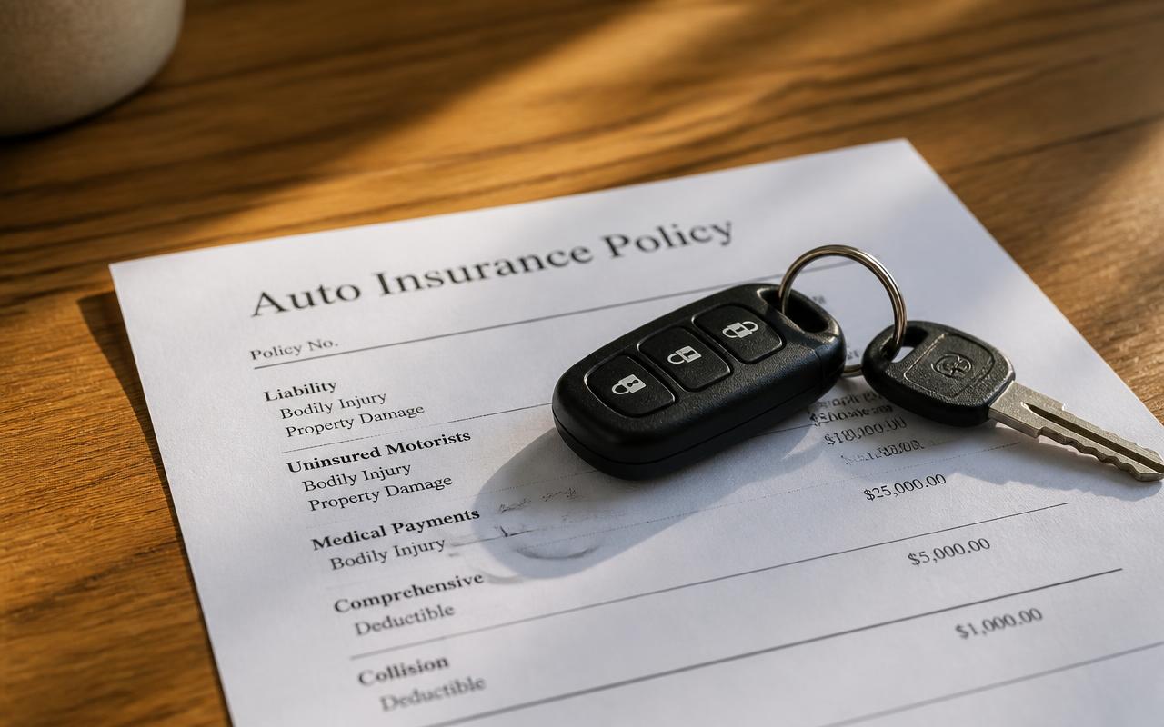Car keys resting on top of an SR-22 insurance policy and reinstatement paperwork