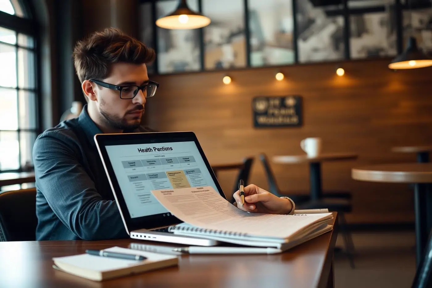 Freelancer comparing health plan options on a laptop at a coffee shop