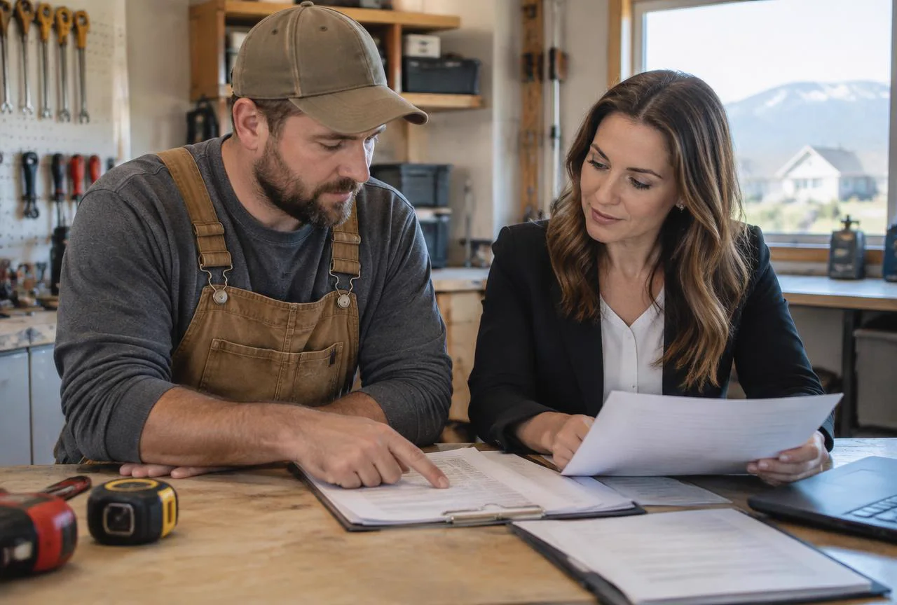 Utah handyman reviewing a job list and insurance options with a local agent