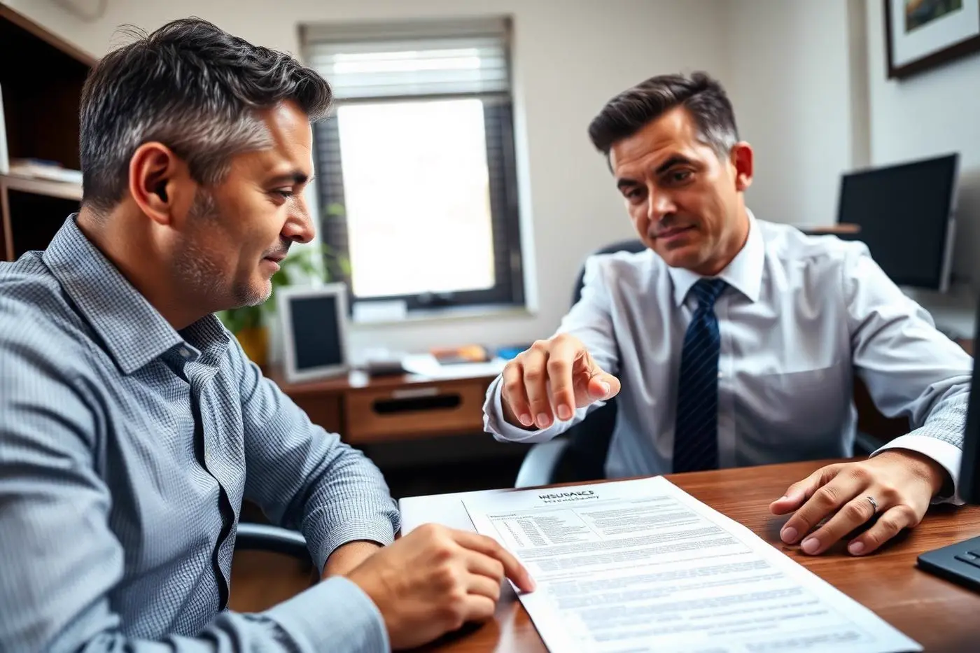 Insurance agent reviewing an auto policy declarations page with a client