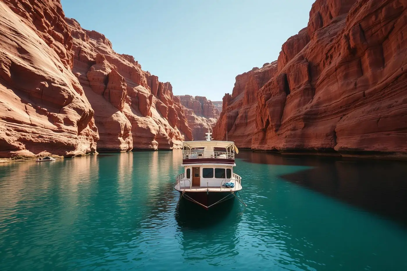 Houseboat anchored in a red rock canyon on Lake Powell