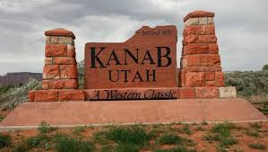 Kanab Utah 'A Western Classic' red sandstone welcome sign at the edge of town