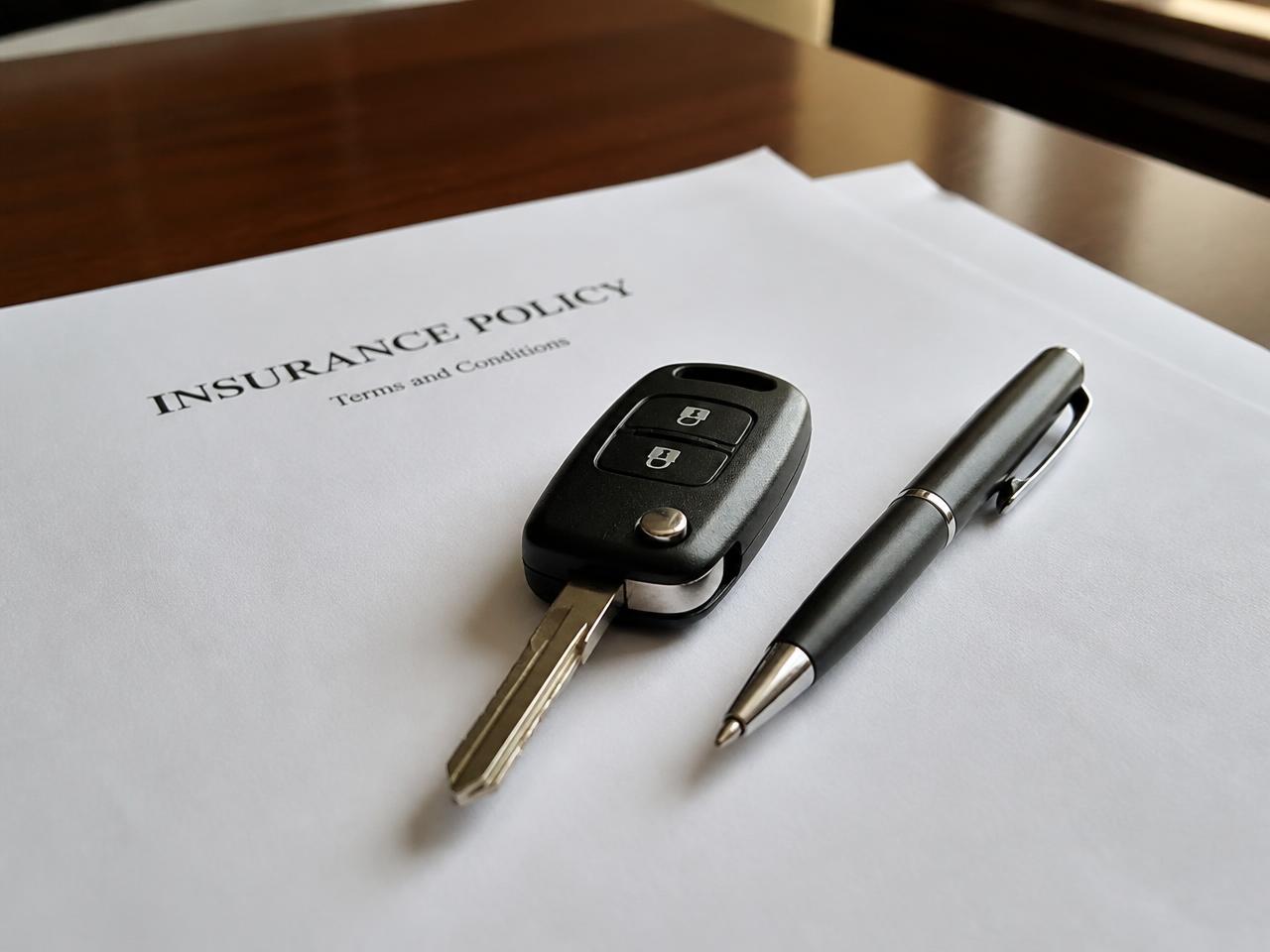 Car key resting on blank SR-22 reinstatement paperwork at a wooden desk