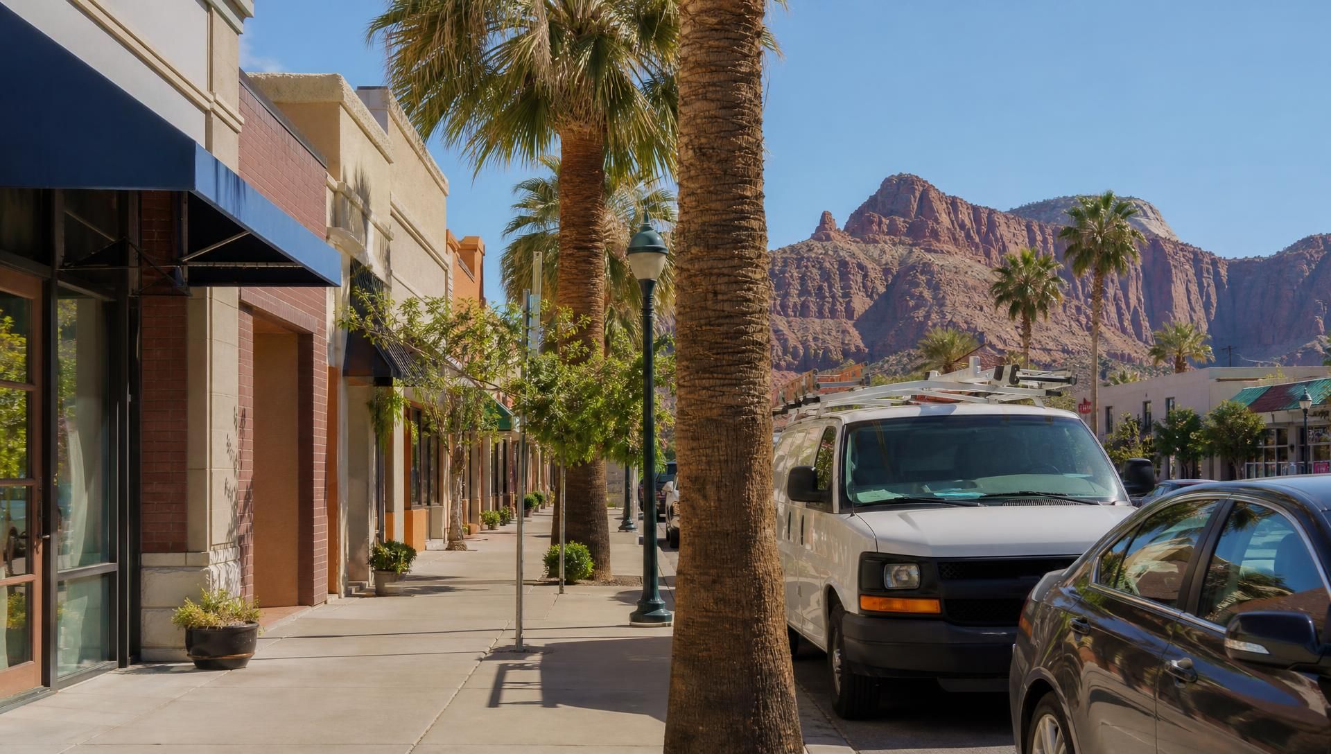 Small business storefronts with awnings, a work van at the curb, and red sandstone cliffs behind downtown St. George, Utah — business insurance, BOP, general liability, and workers' comp for 84770 and 84790 employers