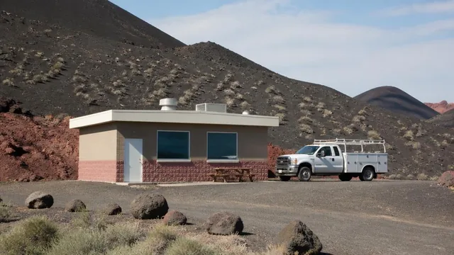 Roadside shop and work truck among the black cinder cones near Veyo, Utah — local commercial insurance risk factors for Veyo, Utah 84782 businesses