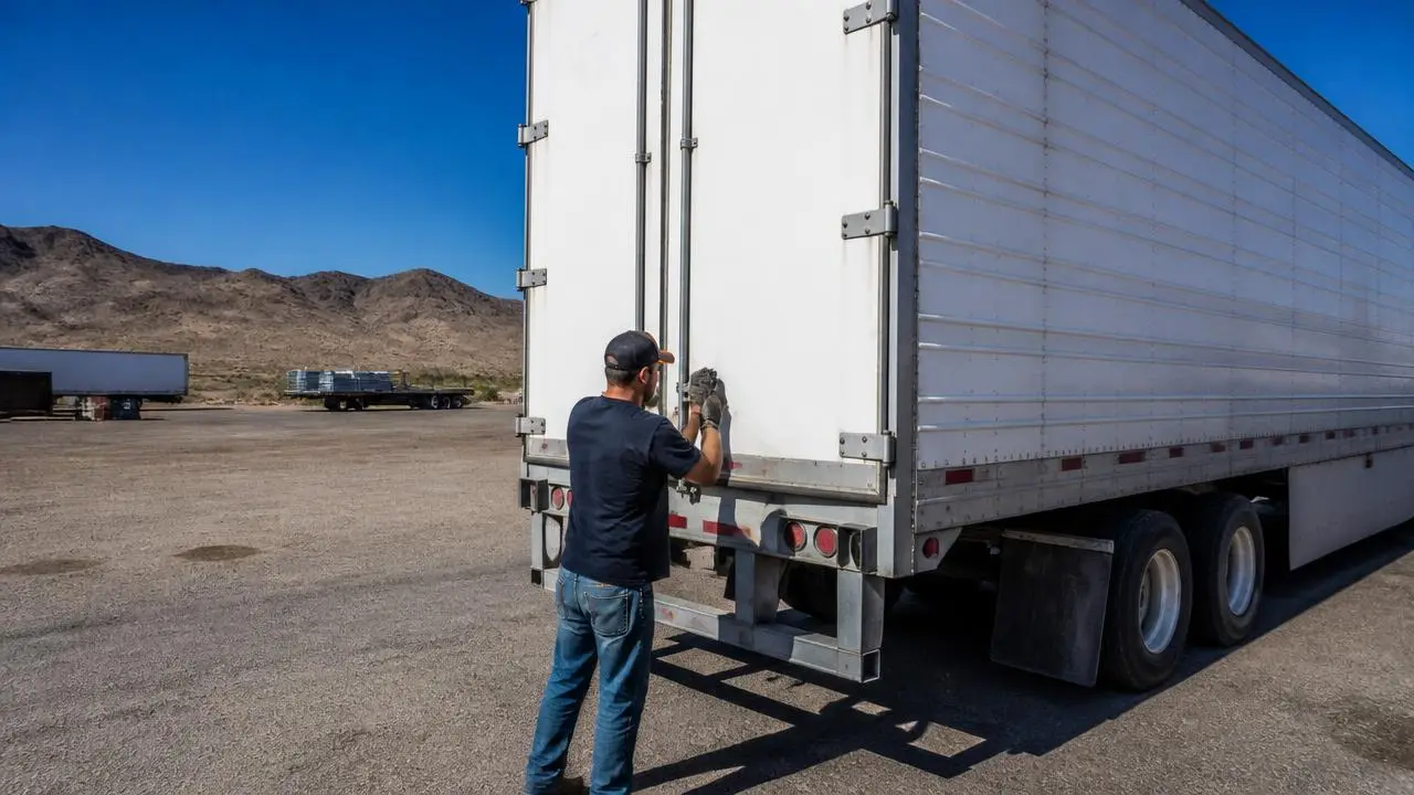 Long-haul truck at a Mesquite, Nevada yard off Interstate 15 — business insurance, BOP, general liability and workers' comp for Mesquite, Nevada 89027 employers