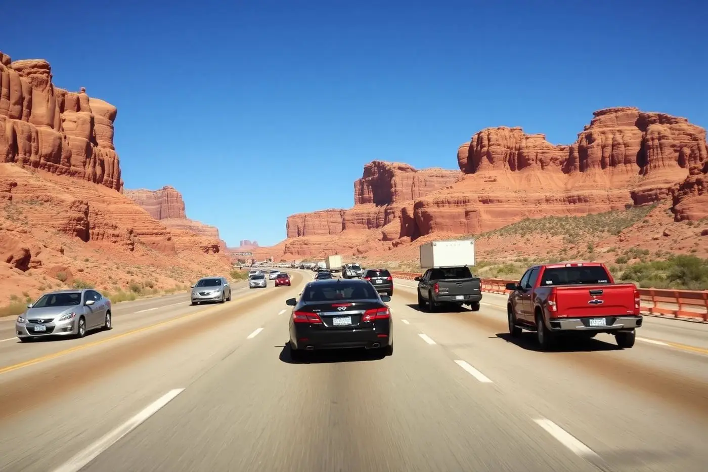 Traffic on Interstate 15 through red rock bluffs near St. George, Utah