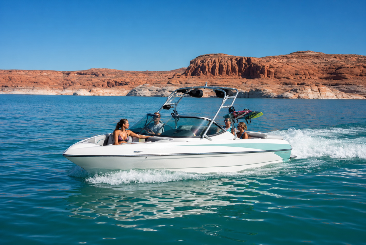 Modern wakeboard boat cruising on turquoise water with red sandstone cliffs in Southern Utah