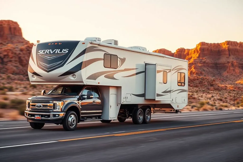 Pickup towing a fifth-wheel trailer through Utah canyon country