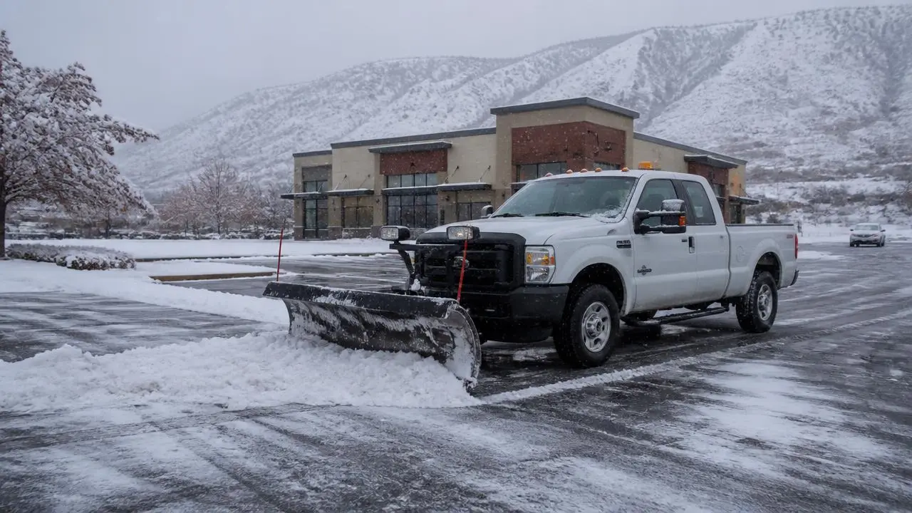 Snow-removal plow truck clearing a commercial parking lot in Cedar City, Utah — business insurance, BOP, general liability and workers' comp for Cedar City, Utah 84720 employers