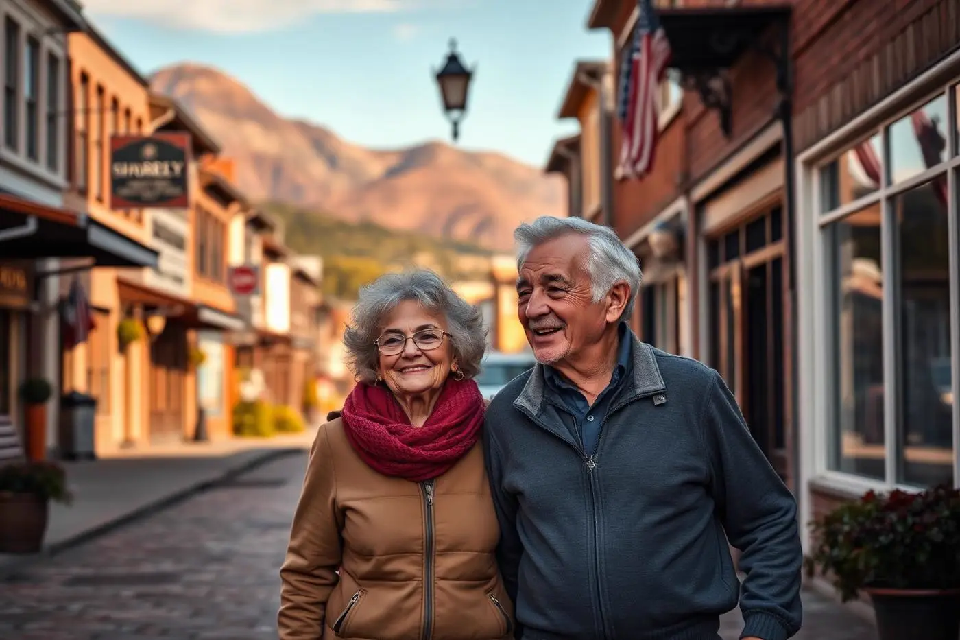 Senior couple walking a historic small-town main street in Southern Utah