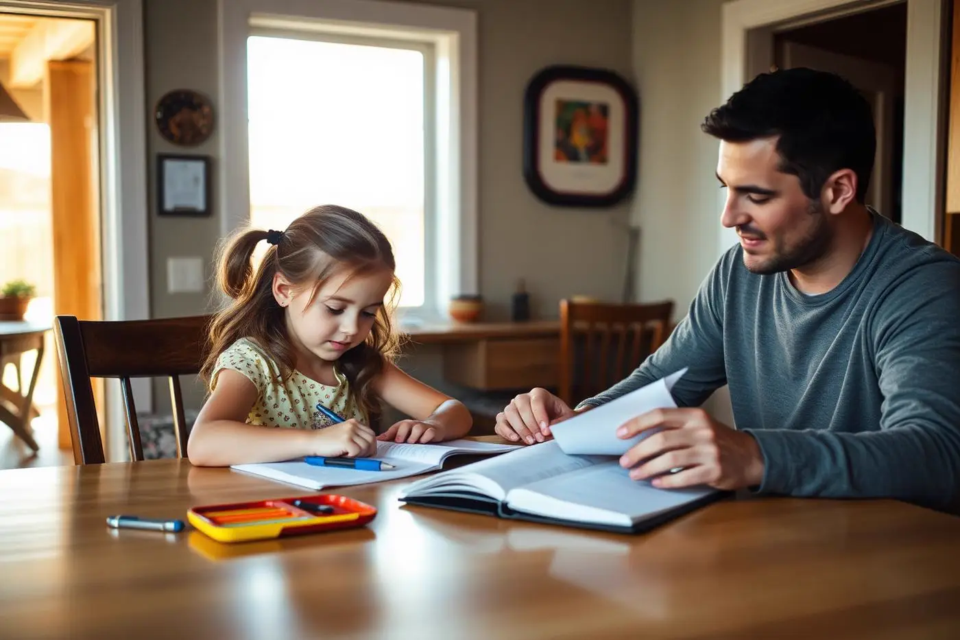 Father helping his daughter with homework at the dining table