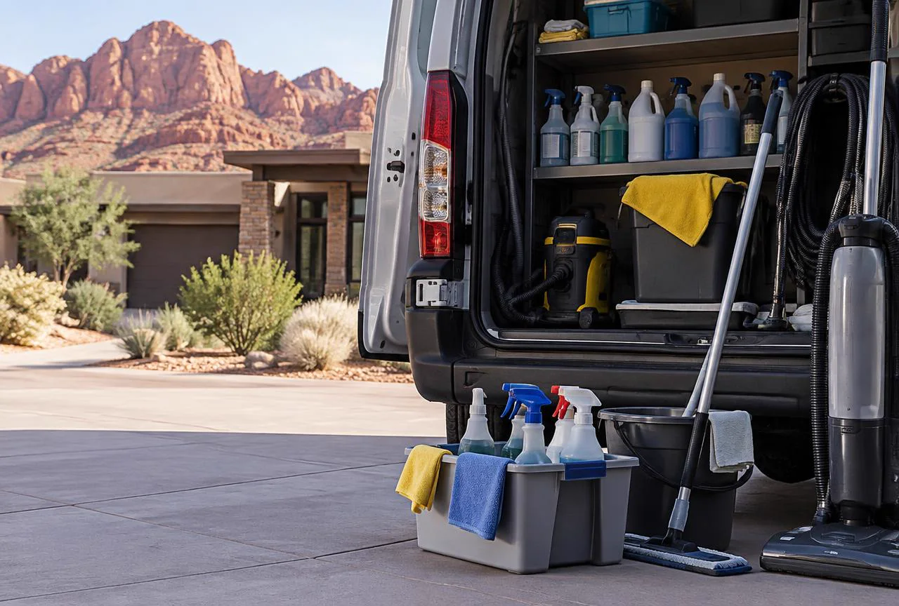 Professional cleaning equipment organized beside a service van in Southern Utah