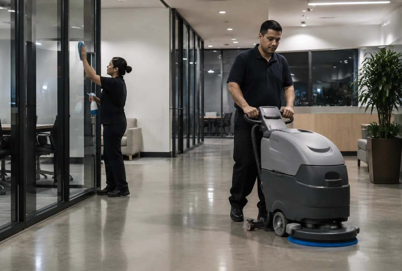 Commercial janitorial team cleaning glass and floors in a Utah office