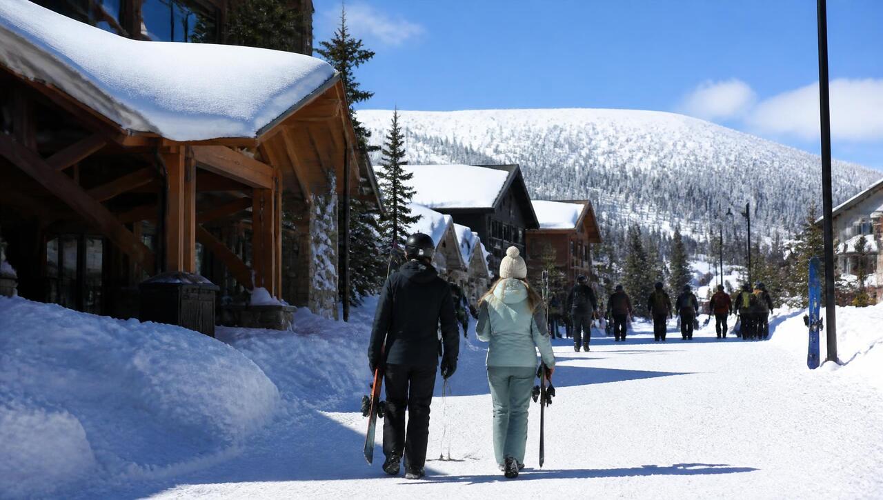 Snow-banked ski village shops with skiers walking through Brian Head, Utah (ZIP 84719) — business insurance, BOP, general liability, commercial property and workers' comp for Brian Head, Utah employers