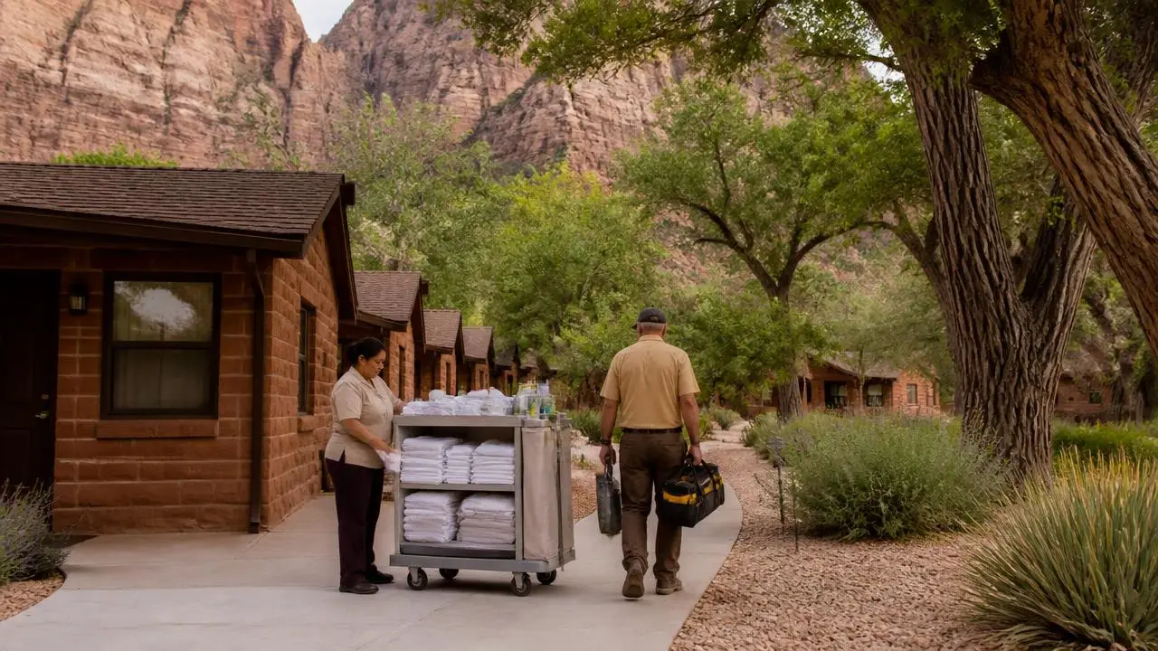 Lodge housekeeper turning over a guest room in Springdale, Utah — business insurance, BOP, general liability and workers' comp for Springdale, Utah 84767 employers
