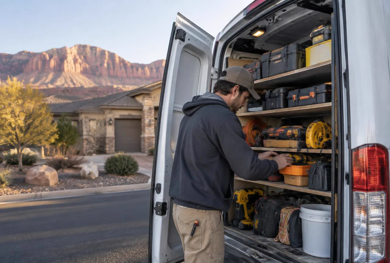 Independent handyman organizing tools in a service van in Southern Utah